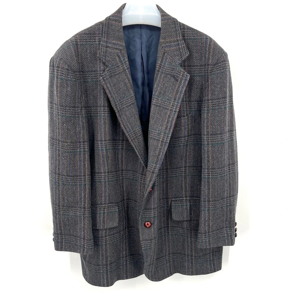Men's Pendleton Blazer Jacket Wool Dark Blue Plaid‎ Leather Buttons Size 46